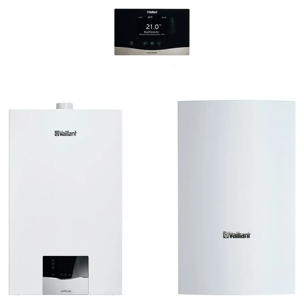 Vaillant Heizgerät mit digitalem Thermostat und einem Wassertank, alle in weißer Ausführung. Heizungs- und Warmwasserbereitungssystem.